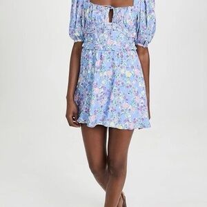 For Love & Lemons Charlene Puff Sleeve Mini Dress Blue Floral S $212